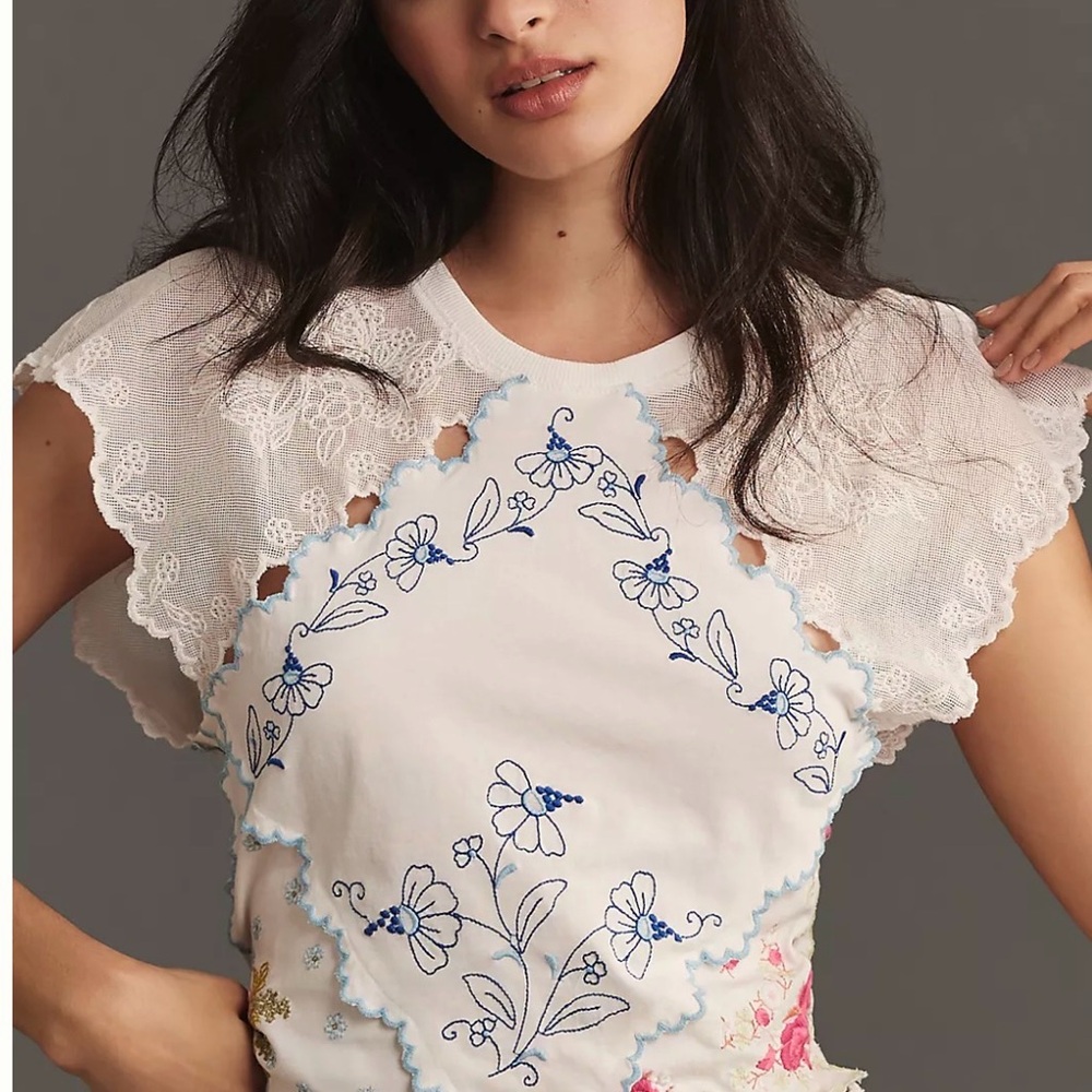 Anthropologie White Lace Blouse with Blue Floral Embroidery